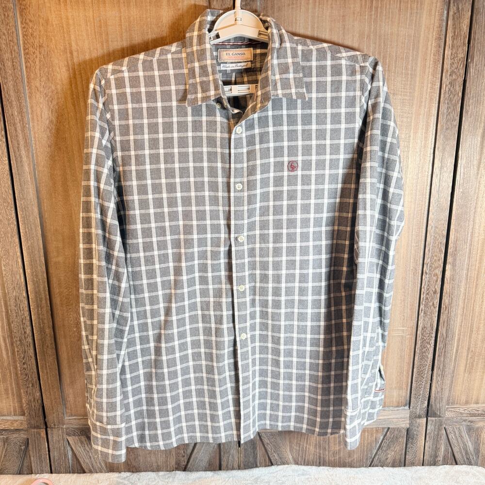 Plaid Button Up Shirt Mens El Ganso Gray L Cotton Portugal Long Sleeve Casual